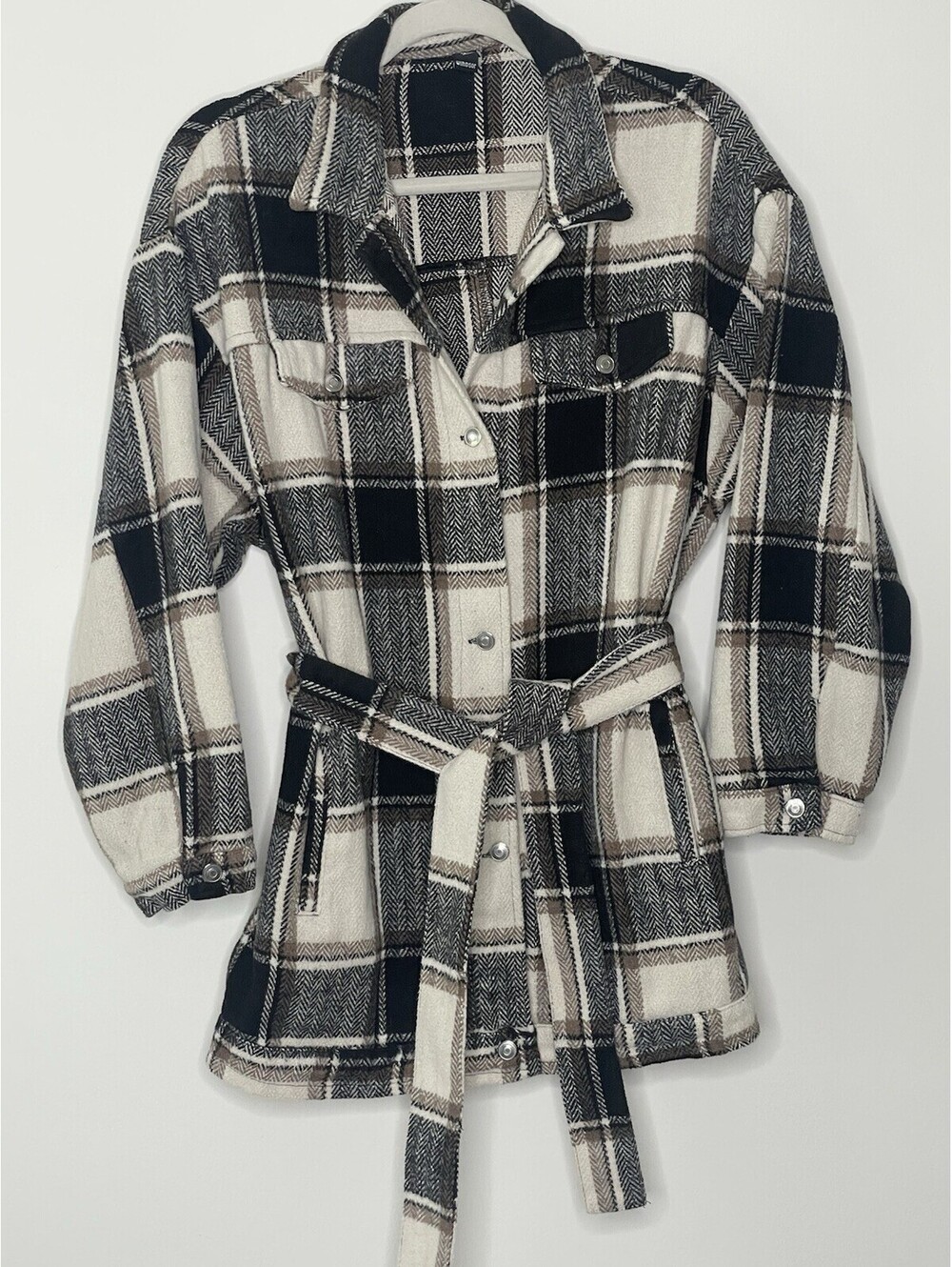 Windsor plaid belted Shacket long overcoat brown black beige ivory Women’s Large